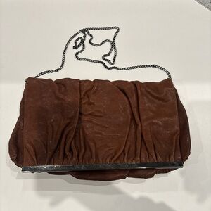 Ruched Brown Leather Wristlet Clutch with Chain Strap
